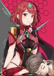  1boy 1girl blush bodysuit breasts brown_hair crotchless_pants fingerless_gloves gloves pyra_(xenoblade) kouno_(uiyoyo199) large_breasts looking_at_viewer red_eyes redhead rex_(xenoblade_2) short_hair simple_background sitting sleeping smile xenoblade xenoblade_2 