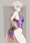  1girl adjusting_clothes adjusting_swimsuit ahoge annoyed arched_back ass bare_shoulders black_swimsuit blush breasts closed_mouth commentary_request competition_swimsuit cowboy_shot eyebrows_visible_through_hair fate/grand_order fate_(series) from_behind frown grey_background hips jeanne_d&#039;arc_(alter)_(fate) jeanne_d&#039;arc_(fate)_(all) looking_at_viewer looking_back medium_breasts mikoyan one-piece_swimsuit purple_swimsuit shiny shiny_clothes shiny_skin short_hair silver_hair simple_background solo standing swimsuit thighs yellow_eyes 