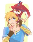  2boys :d artist_name blonde_hair blue_eyes blush_stickers fingerless_gloves fishman gloves jewelry link looking_at_another male_focus monster_boy multiple_boys open_mouth reddverse sharp_teeth sidelocks sidon smile teeth the_legend_of_zelda the_legend_of_zelda:_breath_of_the_wild yellow_eyes younger zora 