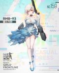  1girl bangs bare_shoulders bison_cangshu blue_dress breasts character_name cleavage cleavage_cutout collar collarbone dress earrings eyebrows_visible_through_hair full_body garter_straps girls_frontline gun high_heels highres holding holding_weapon jewelry logo long_sleeves looking_at_viewer medium_breasts official_art red_eyes rmb-93 rmb-93_(girls_frontline) short_hair shotgun silver_hair simple_background smile snowflakes solo strapless strapless_dress thigh-highs weapon white_legwear zettai_ryouiki 