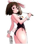  1girl alternate_costume animal_ears ass bare_arms bare_legs bare_shoulders black_leotard breasts brown_hair bunny_tail bunnysuit carrot_necklace chains dominatrix from_side inaba_tewi leotard looking_at_viewer rabbit_ears red_eyes riding_crop simple_background small_breasts solo standing strapless strapless_leotard tail torso_(hjk098) touhou whip white_background wrist_cuffs 
