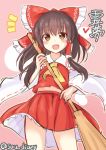  1girl :d ascot bow broom brown_eyes brown_hair commentary_request detached_sleeves eyebrows_visible_through_hair hair_bow hair_tubes hakurei_reimu long_hair looking_at_viewer midriff open_mouth red_bow red_skirt sketch skirt smile solo sou_(soutennkouchi) standing touhou translation_request twitter_username yellow_neckwear 