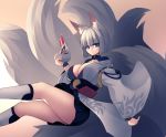  1girl animal_ears azur_lane bangs blue_eyes blunt_bangs breasts commentary eyes_visible_through_hair fox_ears fox_mask fox_tail highres holding holding_mask japanese_clothes kaga_(azur_lane) kneehighs large_breasts looking_at_viewer mask multiple_tails short_hair solo sub-res tail white_hair white_legwear wide_sleeves 