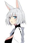  animal_ears azur_lane black_choker blue_eyes bob_cut breasts choker eyebrows_visible_through_hair eyes_visible_through_hair fox_ears from_side japanese_clothes kaga_(azur_lane) large_breasts looking_at_viewer nontraditional_miko open_clothes open_mouth short_hair simple_background tsurime ururu white_background white_hair 