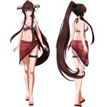  1girl 3d alternate_costume ass bikini breasts brown_hair cherry_blossoms cleavage closed_mouth collarbone from_behind full_body hair_between_eyes headgear kantai_collection large_breasts long_hair looking_at_viewer mikumikudance multiple_views navel ponpu-chou ponytail sandals sarong see-through simple_background smile swimsuit very_long_hair violet_eyes white_background white_bikini yamato_(kantai_collection) 