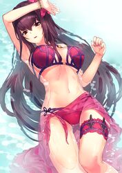  1girl arm_up armpits bangs bikini blush bracelet breasts commentary_request eyebrows_visible_through_hair fate/grand_order fate_(series) flower hair_flower hair_ornament hibiscus jewelry kfr large_breasts leg_garter long_hair looking_at_viewer lying nail_polish navel on_back parted_lips pink_nails purple_bikini purple_hair red_eyes revision sarong scathach_(fate/grand_order) scathach_(swimsuit_assassin)_(fate) see-through solo swimsuit very_long_hair water wet wet_hair 