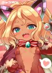  1girl :d animal_ears arm_up bangs blonde_hair blue_eyes blush breasts capelet dark_skin denebola_(p&amp;d) dress eyebrows_visible_through_hair fake_animal_ears from_below fur-trimmed_capelet fur_trim head_tilt heart long_hair long_sleeves looking_at_viewer looking_down marshmallow_mille navel open_mouth parted_bangs purple_capelet puzzle_&amp;_dragons red_dress sharp_teeth small_breasts smile solo spoken_heart teeth twitter_username 