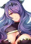  1girl bangs breasts camilla_(fire_emblem_if) cleavage fire_emblem fire_emblem_if hair_over_one_eye head_tilt kokouno_oyazi large_breasts long_hair looking_at_viewer purple_hair simple_background smile solo tiara violet_eyes wavy_hair 