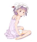  1girl :&lt; bangs bare_arms bare_legs bare_shoulders barefoot bloomers camisole closed_mouth digital_(digital001) hat highres looking_at_viewer patchouli_knowledge purple_hair simple_background sitting sketch solo touhou underwear violet_eyes white_background white_hat 