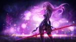  1girl arm_behind_back armor blurry blurry_background bokeh cowboy_shot depth_of_field from_behind hand_on_own_chin highres holding holding_weapon long_hair looking_at_viewer looking_back polearm profile purple_hair red_eyes scathach_(fate/grand_order) skyde_kei twisted_torso weapon 