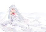  1girl absurdres arm_support bangs blush breasts bridal_veil choker cleavage collarbone dress elbow_gloves eyebrows_visible_through_hair eyes_visible_through_hair flower girls_frontline gloves hair_between_eyes hair_over_one_eye half-closed_eye highres holding holding_flower kanna large_breasts leaning long_hair looking_at_viewer pk_(girls_frontline) red_eyes rose silver_hair simple_background sitting smile snow solo strapless strapless_dress tareme veil very_long_hair wedding_dress white_background white_dress white_gloves 