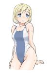  1girl blonde_hair blue_eyes competition_swimsuit cowboy_shot hair_ornament hairclip highleg highleg_swimsuit one-piece_swimsuit original purple_swimsuit short_hair simple_background sitting solo swimsuit tamu_(mad_works) wet white_background 