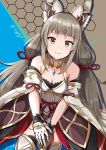  1girl animal_ears bangs cat_ears eyebrows kouno_(uiyoyo199) long_hair looking_at_viewer niyah rex_(xenoblade_2) silver_hair simple_background smile spoilers twintails xenoblade xenoblade_2 yellow_eyes 