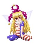  1girl american_flag american_flag_dress american_flag_print ass_visible_through_thighs asymmetrical_clothes asymmetrical_legwear bangs between_legs blonde_hair blush breasts c: closed_mouth clownpiece commentary_request dress eyebrows eyebrows_visible_through_hair eyelashes facing_viewer fairy fairy_wings finger_to_mouth fingernails flag_print full_body hair_between_eyes hand_between_legs hat head_tilt highres horizontal-striped_legwear horizontal_stripes jester_cap kappei legs_apart long_hair looking_at_viewer multicolored multicolored_clothes multicolored_dress multicolored_legwear neck_ruff pantyhose pink_eyes polka_dot polka_dot_hat purple_hat shiny shiny_hair short_dress short_sleeves simple_background sitting small_breasts smile solo star star_print striped striped_dress striped_legwear touhou transparent_background tsurime very_long_hair wariza wavy_hair wings 