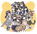  6+girls :3 :d animal_ears bag bangs belt black-framed_eyewear black_eyes blue_skirt blunt_bangs blush bow bowtie brown_hair character_request closed_mouth commentary_request common_raccoon_(kemono_friends) common_raccoon_(kemono_friends)_(cosplay) cosplay elbow_gloves eyebrows_visible_through_hair fennec_(kemono_friends) fennec_(kemono_friends)_(cosplay) fingerless_gloves fur_collar fur_trim glasses gloves grin handbag hands_up hood hoodie japari_symbol kondou_reina kotobuki_(tiny_life) long_hair looking_at_viewer mittens motomiya_kana multicolored_hair multiple_girls one_eye_closed ono_saki open_mouth otter_ears otter_tail ozaki_yuka paw_pose pleated_skirt ponytail salute seiyuu seiyuu_connection semi-rimless_eyewear serval_(kemono_friends) serval_(kemono_friends)_(cosplay) serval_ears serval_print serval_tail short_hair skirt small-clawed_otter_(kemono_friends) small-clawed_otter_(kemono_friends)_(cosplay) smile standing streaked_hair tail twintails under-rim_eyewear white_skirt 