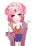 1girl :o artist_name bending_forward blazer blue_skirt blush breasts collarbone collared_shirt dated doki_doki_literature_club eyebrows_visible_through_hair hair_ornament hairclip heart heart-shaped_pupils jacket long_sleeves looking_at_viewer medium_breasts natsuki_(doki_doki_literature_club) open_mouth orange_vest pink_eyes pink_hair pleated_skirt removing_jacket ribbon school_uniform shirt short_hair signature simple_background skirt solo symbol-shaped_pupils the_cold two_side_up white_background white_shirt 