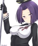  1girl absurdres breasts glaive gloves headgear highres kantai_collection kiritto looking_at_viewer mechanical_halo medium_breasts neck_ribbon purple_hair ribbon school_uniform short_hair simple_background smile solo tatsuta_(kantai_collection) twitter_username upper_body violet_eyes white_background 