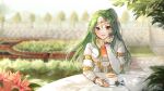  1girl :d arm_guards blue_flower blurry blurry_background breasts brown_eyes commentary commission cup dated day depth_of_field dress elincia_ridell_crimea english_commentary fire_emblem fire_emblem:_path_of_radiance fire_emblem:_radiant_dawn flower green_hair headpiece highres juliet_sleeves kobutanori long_hair long_sleeves looking_at_viewer outdoors petals ponytail puffy_sleeves red_flower saucer signature small_breasts smile solo table tea teacup teapot upper_body white_dress 