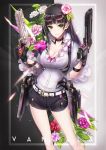  1girl black_hair breasts choker cleavage collarbone dual_wielding eyewear_on_head flower green_eyes gun hair_flower hair_ornament handgun hime_cut large_breasts long_hair original pistol short_shorts shorts solo sunglasses t-track trigger_discipline weapon 