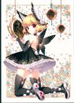  1girl absurdres bangs bare_shoulders black_legwear blonde_hair blush butterfly_wings choker detached_sleeves dress elbow_gloves fairy from_behind full_body gloves hair_ornament head_wings highres huge_filesize kneeling looking_at_viewer looking_back nardack original pocket_watch pom_pom_(clothes) red_eyes scan short_dress short_hair simple_background smile solo strapless strapless_dress watch wings 