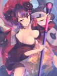  1girl bare_shoulders breasts calligraphy_brush cleavage collarbone commentary_request fate/grand_order fate_(series) flower hair_flower hair_ornament highres japanese_clothes katsushika_hokusai_(fate/grand_order) looking_at_viewer medium_breasts octopus paintbrush pakupaku_choppu purple_hair short_hair smile solo violet_eyes 