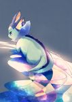 blue_background blue_eyes blush commentary_request fins from_behind full_body highres manino_(mofuritaionaka) no_humans pokemon pokemon_(creature) reflection signature simple_background solo vaporeon wading 