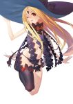  1girl ;d abigail_williams_(fate/grand_order) absurdres bangs black_bow black_footwear black_hat black_legwear black_panties blonde_hair bow brown_eyes commentary_request fate/grand_order fate_(series) full_body hat hat_bow head_tilt highres keyhole long_hair looking_at_viewer mary_janes muyi_zi navel one_eye_closed open_mouth orange_bow panties parted_bangs revealing_clothes shoes simple_background single_thighhigh smile solo thigh-highs topless underwear upper_teeth very_long_hair white_background witch_hat 