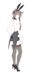  1girl animal_ears back backless_outfit bangs bare_arms bare_shoulders black_footwear blush breasts brown_hair brown_legwear bunny_tail closed_mouth commentary_request contemporary dress eyebrows_visible_through_hair fake_animal_ears fake_tail from_behind full_body hairband hatsuzuki_(kantai_collection) high_heels highres kantai_collection looking_at_viewer looking_back open-back_dress rabbit_ears short_shorts shorts small_breasts smile solo standing tail thigh-highs yellow_eyes yuuji_(and) 