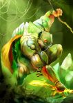  armor cape commentary crystal cyborg fire frog green_armor highres humanization jumping looking_at_viewer maruhi_(maruhige12) monster orange_eyes original perspective plant solo vines 