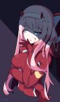  1girl absurdres blood blood_on_face blue_eyes bodysuit breasts commentary darling_in_the_franxx eyebrows_visible_through_hair eyelashes hairband highres horns licking litsvn long_hair looking_to_the_side medium_breasts open_mouth pilot_suit pink_hair red_bodysuit shiny shiny_clothes shiny_hair simple_background solo taut_clothes tongue tongue_out upper_body zero_two_(darling_in_the_franxx) 