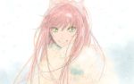  1girl commentary_request etomoeto fate/grand_order fate_(series) green_eyes long_hair medb_(fate/grand_order) pink_hair simple_background smile solo tiara white_coat 