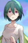  1girl blue_sky crying crying_with_eyes_open eureka eureka_seven eureka_seven_(series) green_hair hair_between_eyes hankuri long_sleeves looking_at_viewer outdoors parted_lips shirt short_hair sky solo tears violet_eyes white_shirt 