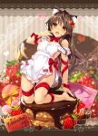  1girl animal_ears apron bangs bare_shoulders barefoot blurry blurry_background box brown_hair cat_ears chocolate cupcake eyebrows_visible_through_hair food fruit full_body gift gift_box hand_up heart heart-shaped_box kneehighs long_hair looking_at_viewer naked_apron original red_ribbon ribbon smile solo strawberry valentine yanagi_yuu yellow_eyes 