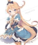  1girl armor bangs black_bow blonde_hair blue_dress blue_eyes blush bow breastplate character_name charlotta_(granblue_fantasy) closed_mouth dotted_line dress enomoto_hina faulds granblue_fantasy hair_between_eyes hair_bow harbin juliet_sleeves long_hair long_sleeves looking_at_viewer pointy_ears puffy_sleeves sidelocks skirt_basket solo swept_bangs very_long_hair white_background 