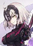  1girl ahoge armor breasts cape eyebrows_visible_through_hair fate/grand_order fate_(series) gauntlets gorget grin haoni headpiece holding holding_sword holding_weapon impossible_clothes jeanne_d&#039;arc_(alter)_(fate) jeanne_d&#039;arc_(fate)_(all) large_breasts looking_at_viewer short_hair silver_hair smile solo sword torn_cape underbust weapon yellow_eyes 