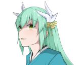  1girl blush eyebrows_visible_through_hair fate/grand_order fate_(series) green_hair highres japanese_clothes kiyohime_(fate/grand_order) long_hair looking_at_viewer solo tatsu_(tanishi_24) upper_body white_background yellow_eyes 