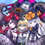  1boy 3girls :d abigail_williams_(fate/grand_order) armor artoria_pendragon_(all) bangs black_bow black_dress black_gloves black_hat blonde_hair blue_hair blush bow carnivorous_plant caster_(fate/zero) closed_eyes closed_mouth collarbone commentary_request dress elbow_gloves eyebrows_visible_through_hair fate/grand_order fate_(series) gilles_de_rais_(fate/grand_order) girl_sandwich gloves green_eyes grimjin grin hand_up hat hat_bow head_tilt highres katsushika_hokusai_(fate/grand_order) long_hair long_sleeves looking_at_viewer multiple_girls open_mouth orange_bow pale_skin parted_bangs print_bow puffy_long_sleeves puffy_sleeves purple_hair revealing_clothes saber sandwiched sharp_teeth smile star star_print strapless strapless_dress suction_cups sweat sweating_profusely teeth tentacle turn_pale v-shaped_eyebrows very_long_hair violet_eyes witch_hat 