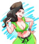  1girl asymmetrical_hair bare_arms bare_shoulders big_hair black_hair bracelet breasts brown_eyes cleavage curvy dark_skin eyelashes female front-tie_top hand_on_hip jewelry laura_matsuda long_hair looking_at_viewer marimo_(yousei_ranbu) medium_breasts midriff navel open_mouth pants solo stomach street_fighter street_fighter_v teeth toned tongue undercut 