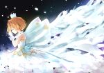  1girl antenna_hair bangs bare_shoulders brown_hair card_captor_sakura closed_eyes closed_mouth crown dress eyebrows_visible_through_hair from_side gloves hands_up highres kinomoto_sakura minikon own_hands_together petals solo white_dress white_gloves 