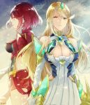  2girls armor artist_request blonde_hair breasts cleavage dress fingerless_gloves gloves mythra_(xenoblade) pyra_(xenoblade) jewelry large_breasts long_hair looking_at_viewer multiple_girls redhead short_hair sidelocks tiara xenoblade xenoblade_2 yellow_eyes 