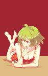  1girl barefoot bracelet breasts camisole cigarette cleavage green_hair highres jewelry kazami_yuuka lying non_(z-art) on_stomach panties red_background red_eyes short_hair simple_background smoking solo spaghetti_strap touhou underwear white_panties 
