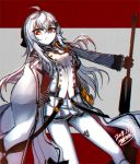  1girl anti-materiel_rifle cape dated girls_frontline gloves gun hair_ornament hairclip hand_on_hip iws-2000_(girls_frontline) long_hair madcore military military_uniform pantyhose red_eyes rifle signature silver_hair skirt sniper_rifle solo uniform weapon 