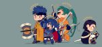  2boys armor axe black_hair blue_eyes blue_hair boots cape capelet chibi cosplay falchion_(fire_emblem) fire_emblem fire_emblem:_kakusei fire_emblem:_rekka_no_ken fire_emblem:_seisen_no_keifu fire_emblem:_souen_no_kiseki fire_emblem:_thracia_776 fire_emblem_heroes gloves green_eyes green_hair greil greil_(cosplay) headband high_ponytail highres ike long_hair lucina lyndis_(fire_emblem) male_focus multiple_boys ponytail reinhardt_(fire_emblem) short_hair smile sword tiara weapon 