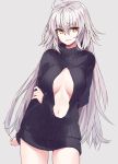 1girl ahoge arms_behind_back bangs black_sweater breasts center_opening eyebrows_visible_through_hair fate/grand_order fate_(series) grey_background hair_between_eyes jeanne_d&#039;arc_(alter)_(fate) jeanne_d&#039;arc_(fate)_(all) large_breasts long_hair navel open_mouth ribbed_sweater shunichi silver_hair simple_background smile solo sweater thighs turtleneck turtleneck_sweater very_long_hair yellow_eyes 