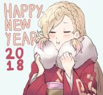  1girl 2018 artist_request blonde_hair braid closed_eyes fire_emblem fire_emblem_heroes highres japanese_clothes kimono long_hair new_year sharena simple_background smile solo white_background 