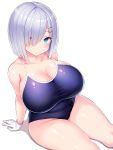  1girl arm_support blue_eyes blue_swimsuit blush breasts cleavage collarbone curvy female from_above gloves hair_ornament hair_over_one_eye hairclip hamakaze_(kantai_collection) highres huge_breasts impossible_clothes kantai_collection looking_at_viewer looking_up one-piece_swimsuit plump shadow shiny shiny_skin short_hair silver_hair sitting skindentation solo swimsuit thick_thighs thighs tsukumiya_amane white_gloves wide_hips 