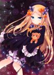  1girl abigail_williams_(fate/grand_order) bangs black_bow black_dress black_hat blonde_hair bloomers blue_eyes blush bow butterfly commentary_request dress eyebrows_visible_through_hair fate/grand_order fate_(series) hair_bow hat ichiyou_moka knees_together_feet_apart long_hair long_sleeves looking_at_viewer object_hug orange_bow parted_bangs parted_lips polka_dot polka_dot_bow sleeves_past_wrists solo stuffed_animal stuffed_toy teddy_bear twitter_username underwear very_long_hair white_bloomers 