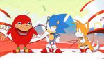  3boys black_eyes gloves grin highres knuckles_the_echidna male_focus meme multiple_boys shoes smile sneakers sonic sonic_mania sonic_the_hedgehog tails_(sonic) ugandan_knuckles wallace_pires white_gloves 