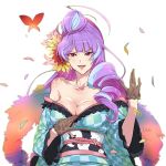  1girl black_gloves blue_hair blue_kimono breasts checkered checkered_kimono cleavage collarbone commentary_request don_(rg06268) gloves highres japanese_clothes kimono large_breasts long_hair looking_at_viewer macross macross_delta mikumo_guynemer multicolored_hair off_shoulder open_mouth purple_hair red_eyes sash shiny shiny_hair shiny_skin simple_background solo two-tone_hair very_long_hair white_background 