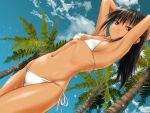  1girl ano_hito armpits arms_up bikini black_hair blue_sky breasts brown_eyes clouds cowboy_shot day dutch_angle long_hair looking_at_viewer lowleg lowleg_bikini original outdoors palm_tree ponytail side-tie_bikini sky small_breasts solo standing swimsuit tree white_bikini 